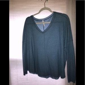 Waffle Knit  Wide V Neck Long Sleeve